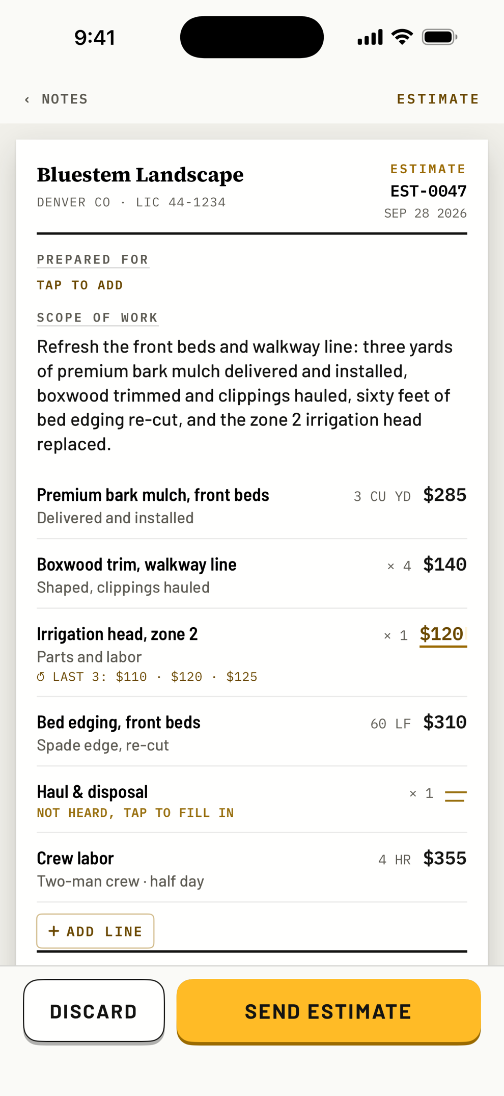 An estimate Jefe wrote from a spoken walk-through: Bluestem Landscape, Denver CO, with line items for bark mulch, boxwood trim, an irrigation head and bed edging.